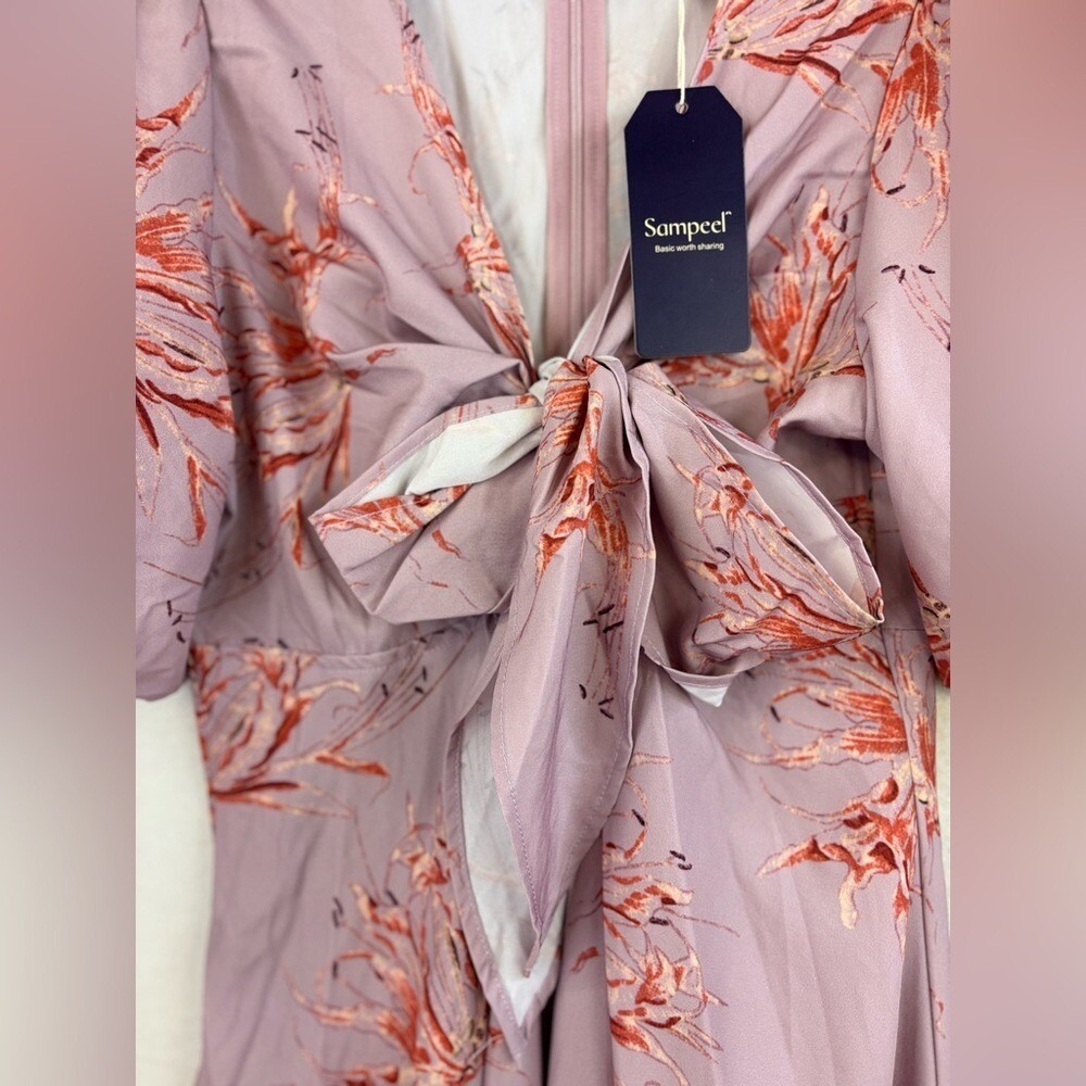 NEW Pink‎ Floral Easter Dress Bow Mini Short Sleeve V Neck Wedding Blush Small - Picture 4 of 14